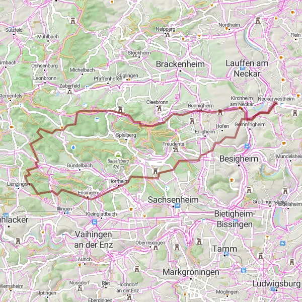 Map miniature of "Gravel Adventure to Neckarwestheim" cycling inspiration in Stuttgart, Germany. Generated by Tarmacs.app cycling route planner