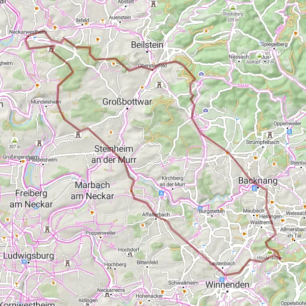 Map miniature of "The Backnang Excursion" cycling inspiration in Stuttgart, Germany. Generated by Tarmacs.app cycling route planner