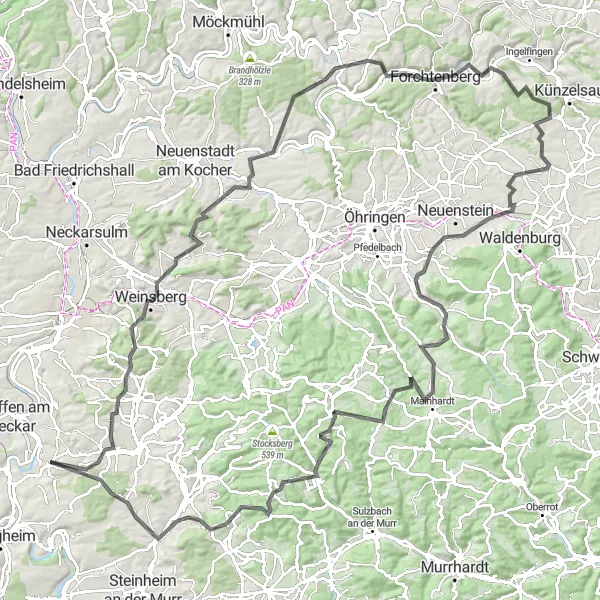 Map miniature of "Ultimate Road Challenge: Neckarwestheim to Schloss Liebenstein" cycling inspiration in Stuttgart, Germany. Generated by Tarmacs.app cycling route planner
