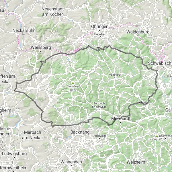 Map miniature of "Neckarwestheim Round-Trip" cycling inspiration in Stuttgart, Germany. Generated by Tarmacs.app cycling route planner