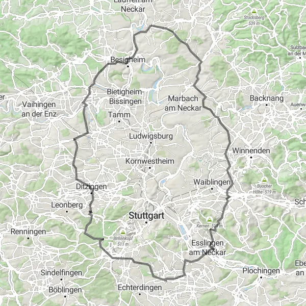 Map miniature of "Scenic Road Tour near Neckarwestheim" cycling inspiration in Stuttgart, Germany. Generated by Tarmacs.app cycling route planner