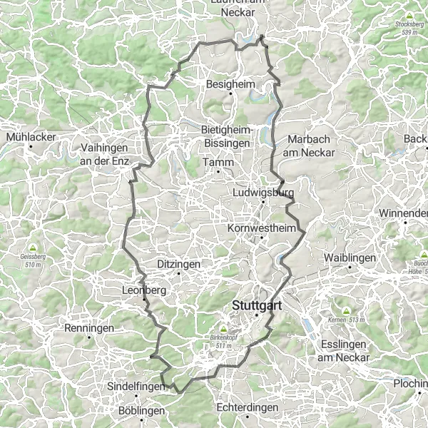 Map miniature of "Challenging Road Ride near Neckarwestheim" cycling inspiration in Stuttgart, Germany. Generated by Tarmacs.app cycling route planner