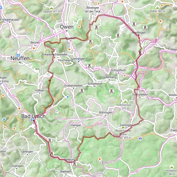 Karten-Miniaturansicht der Radinspiration "Neidlinger Wasserfall und Erkenbrechtsweiler Rundtour" in Stuttgart, Germany. Erstellt vom Tarmacs.app-Routenplaner für Radtouren