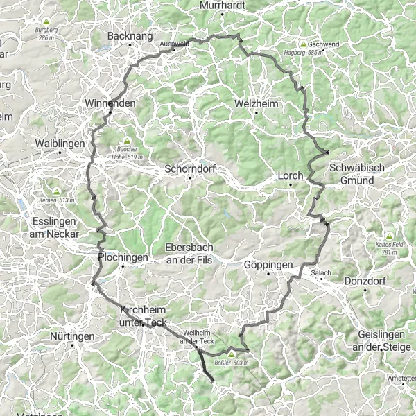 Map miniature of "The Skyline Challenge" cycling inspiration in Stuttgart, Germany. Generated by Tarmacs.app cycling route planner