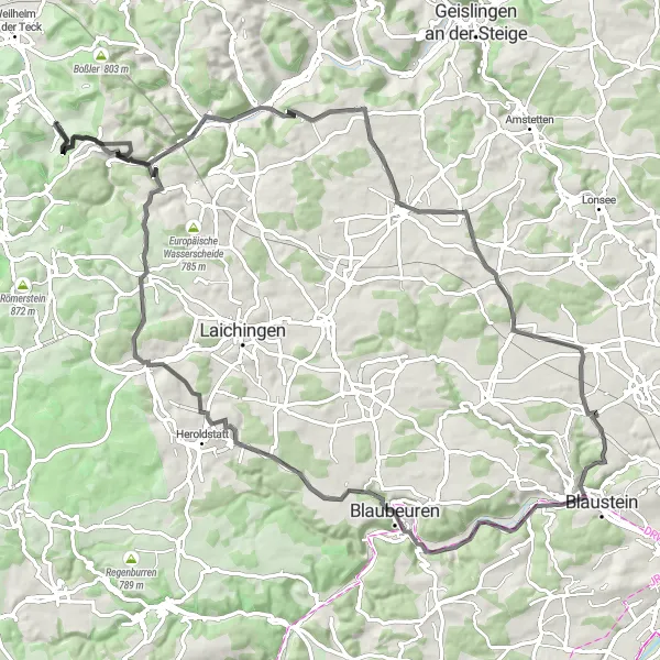 Map miniature of "The Wiesensteig Ride" cycling inspiration in Stuttgart, Germany. Generated by Tarmacs.app cycling route planner