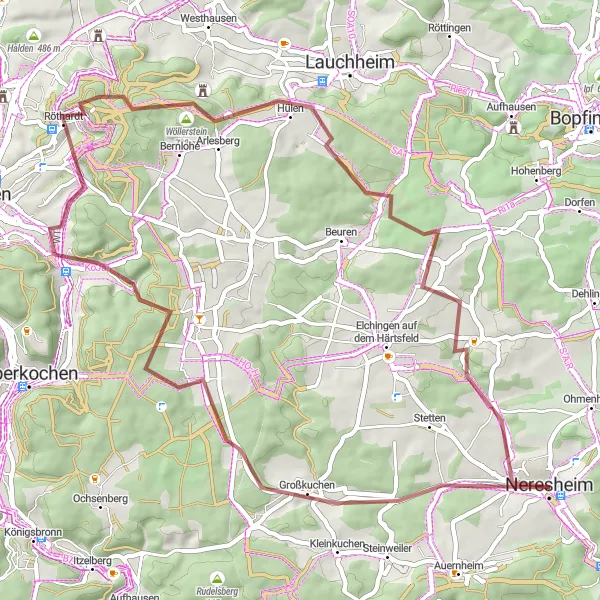 Karten-Miniaturansicht der Radinspiration "Panorama-Gravel-Tour durch Großkuchen und Dossingen" in Stuttgart, Germany. Erstellt vom Tarmacs.app-Routenplaner für Radtouren