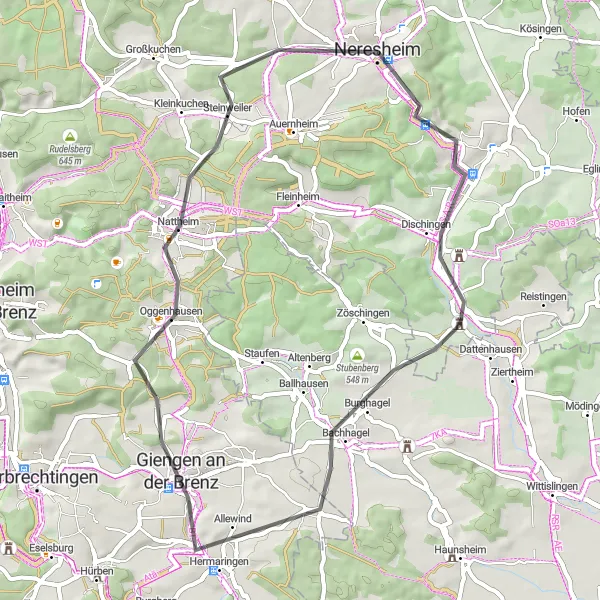 Karten-Miniaturansicht der Radinspiration "Radtour durch Dischingen und Giengen an der Brenz" in Stuttgart, Germany. Erstellt vom Tarmacs.app-Routenplaner für Radtouren
