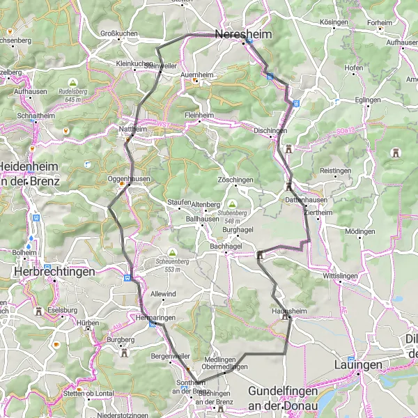 Karten-Miniaturansicht der Radinspiration "Charmante Straßenradroute um Neresheim" in Stuttgart, Germany. Erstellt vom Tarmacs.app-Routenplaner für Radtouren