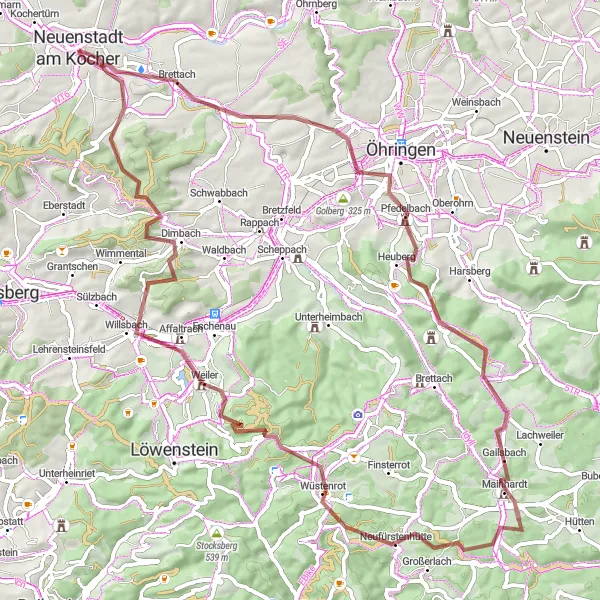 Karten-Miniaturansicht der Radinspiration "Panorama-Tour durch Pfedelbach und Mainhardt" in Stuttgart, Germany. Erstellt vom Tarmacs.app-Routenplaner für Radtouren