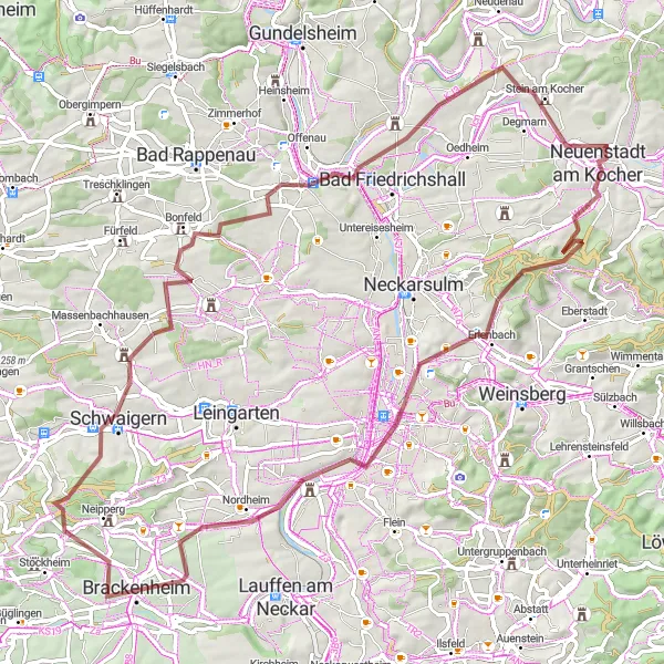 Karten-Miniaturansicht der Radinspiration "Gravel-Abenteuer um Neuenstadt und Bad Wimpfen" in Stuttgart, Germany. Erstellt vom Tarmacs.app-Routenplaner für Radtouren
