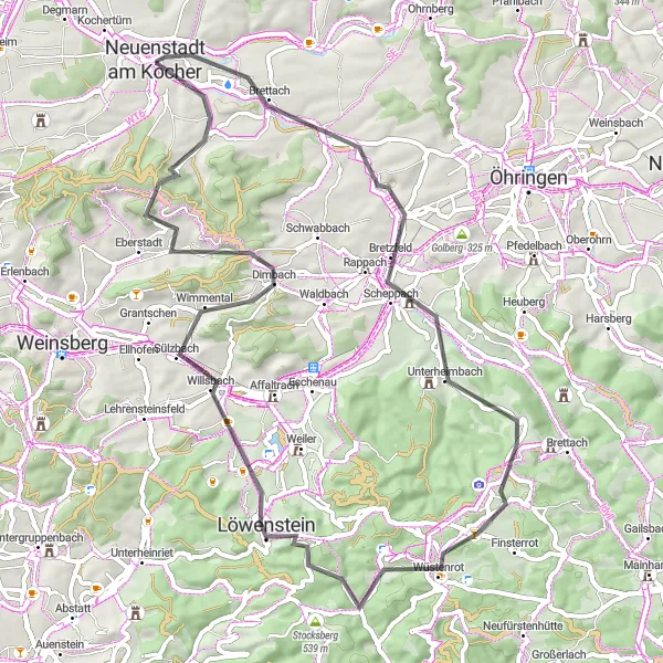Karten-Miniaturansicht der Radinspiration "Panorama-Tour über Bretzfeld und Löwenstein" in Stuttgart, Germany. Erstellt vom Tarmacs.app-Routenplaner für Radtouren