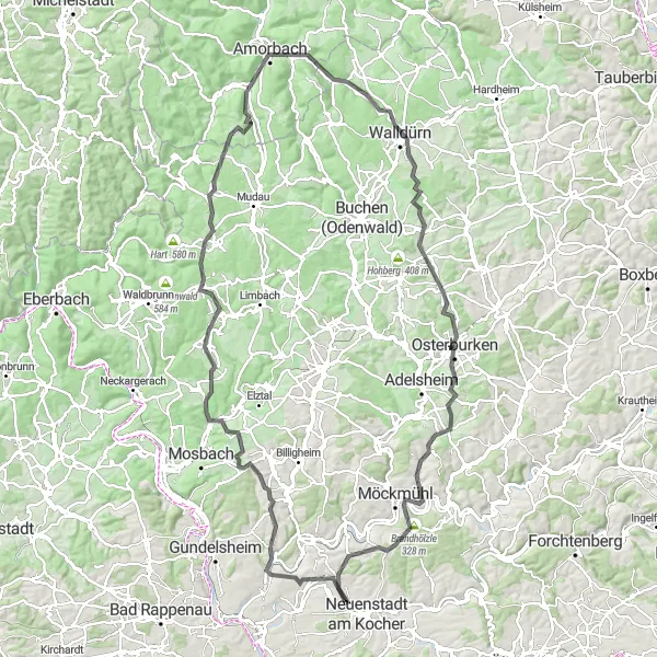 Karten-Miniaturansicht der Radinspiration "Rundtour durch Walldürn und Osterburken" in Stuttgart, Germany. Erstellt vom Tarmacs.app-Routenplaner für Radtouren