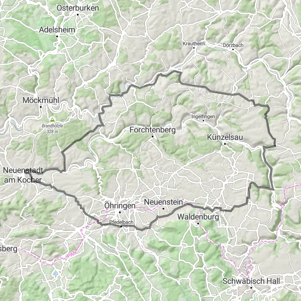 Karten-Miniaturansicht der Radinspiration "Tour um Neuenstadt am Kocher" in Stuttgart, Germany. Erstellt vom Tarmacs.app-Routenplaner für Radtouren