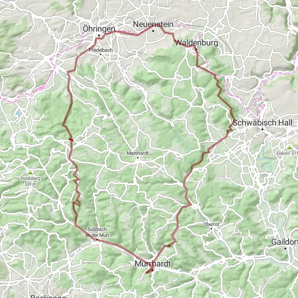 Karten-Miniaturansicht der Radinspiration "Epic Gravel-Tour von Neuenstein nach Öhringen" in Stuttgart, Germany. Erstellt vom Tarmacs.app-Routenplaner für Radtouren