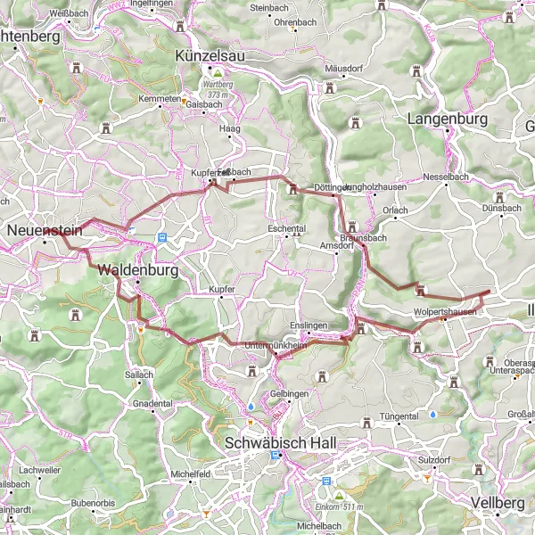 Map miniature of "The Valleys of Hohenlohe" cycling inspiration in Stuttgart, Germany. Generated by Tarmacs.app cycling route planner