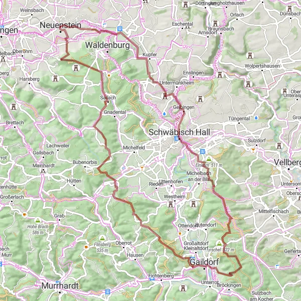 Map miniature of "Hidden Gems of Hohenlohe" cycling inspiration in Stuttgart, Germany. Generated by Tarmacs.app cycling route planner