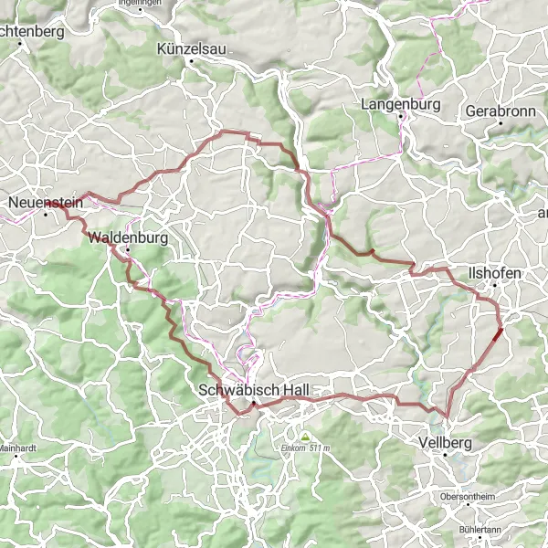 Map miniature of "Climbing Challenges in Neuenstein" cycling inspiration in Stuttgart, Germany. Generated by Tarmacs.app cycling route planner