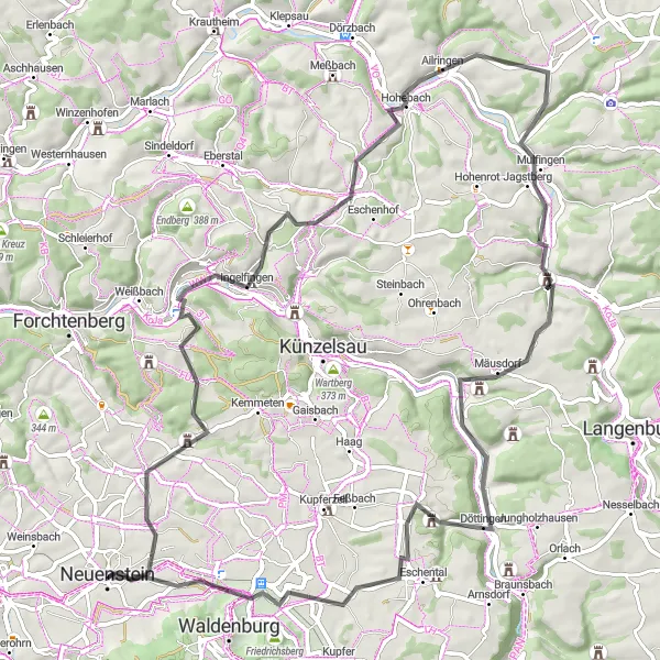 Map miniature of "Roads Less Traveled" cycling inspiration in Stuttgart, Germany. Generated by Tarmacs.app cycling route planner