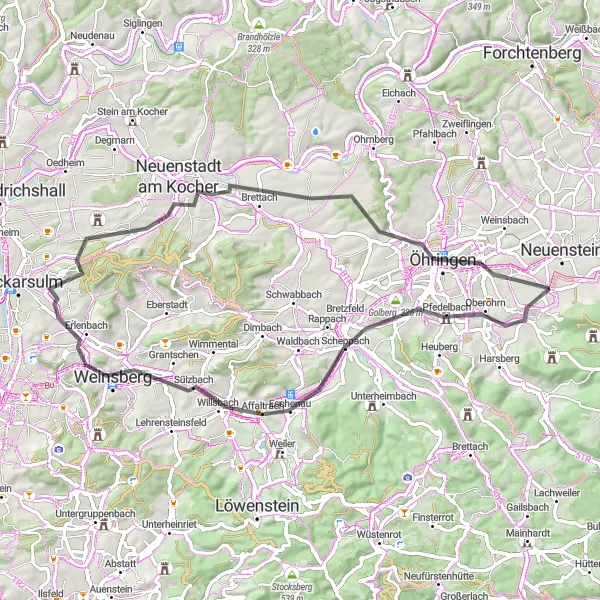 Karten-Miniaturansicht der Radinspiration "Rund um Neuenstein: Höhen und Täler" in Stuttgart, Germany. Erstellt vom Tarmacs.app-Routenplaner für Radtouren