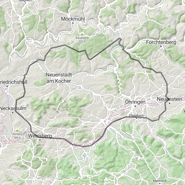 Karten-Miniaturansicht der Radinspiration "Hügeliges Abenteuer um Neuenstein" in Stuttgart, Germany. Erstellt vom Tarmacs.app-Routenplaner für Radtouren