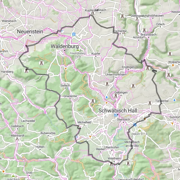 Map miniature of "The Classic Road Loop" cycling inspiration in Stuttgart, Germany. Generated by Tarmacs.app cycling route planner