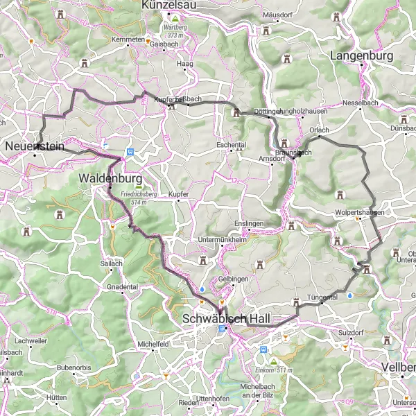 Map miniature of "Kupferzell to Neuenstein Loop" cycling inspiration in Stuttgart, Germany. Generated by Tarmacs.app cycling route planner
