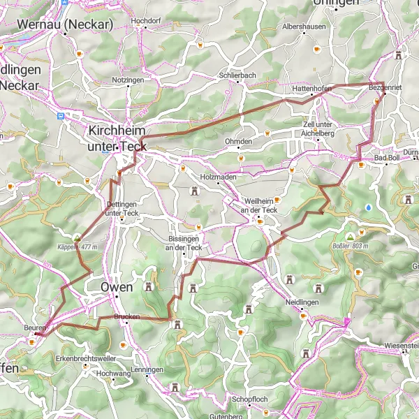 Karten-Miniaturansicht der Radinspiration "Gravel-Tour zu den Felsformationen bei Neuffen" in Stuttgart, Germany. Erstellt vom Tarmacs.app-Routenplaner für Radtouren