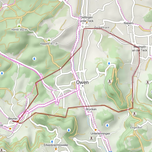 Map miniature of "Neuffen to Beurener Fels Gravel Ride" cycling inspiration in Stuttgart, Germany. Generated by Tarmacs.app cycling route planner
