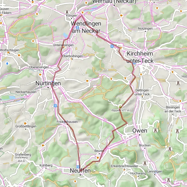 Map miniature of "Neuffen to Engelberg Gravel Ride" cycling inspiration in Stuttgart, Germany. Generated by Tarmacs.app cycling route planner