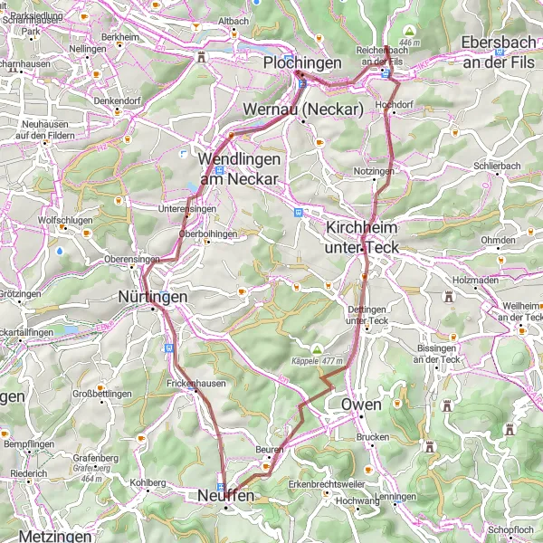 Map miniature of "Gravel Adventure in Natural Beauty" cycling inspiration in Stuttgart, Germany. Generated by Tarmacs.app cycling route planner