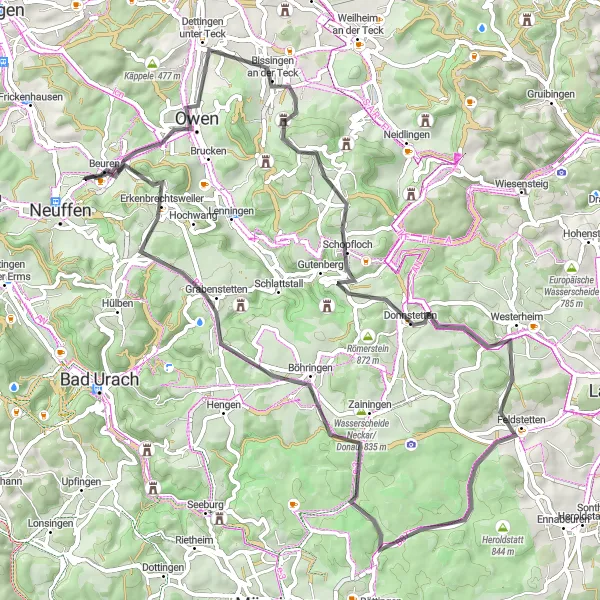 Map miniature of "Neuffen to Beurener Fels Road Loop" cycling inspiration in Stuttgart, Germany. Generated by Tarmacs.app cycling route planner