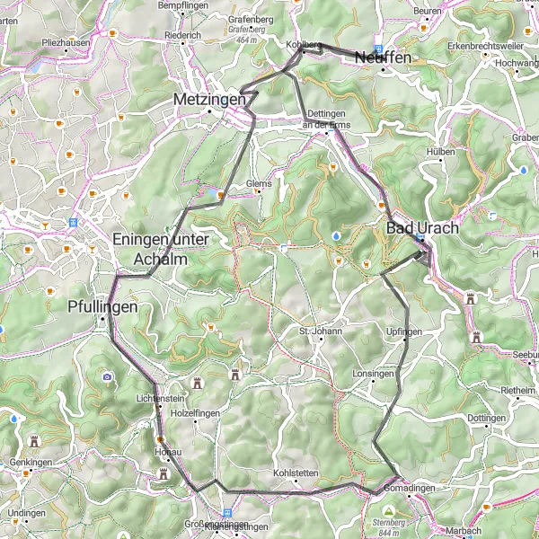 Map miniature of "Journey through the Swabian Alps" cycling inspiration in Stuttgart, Germany. Generated by Tarmacs.app cycling route planner