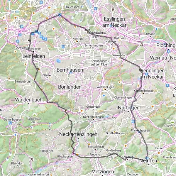 Map miniature of "Charming Villages and Panoramic Views" cycling inspiration in Stuttgart, Germany. Generated by Tarmacs.app cycling route planner