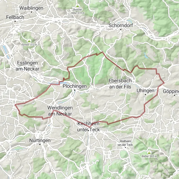 Karten-Miniaturansicht der Radinspiration "Gravel-Abenteuer durch idyllische Dörfer" in Stuttgart, Germany. Erstellt vom Tarmacs.app-Routenplaner für Radtouren