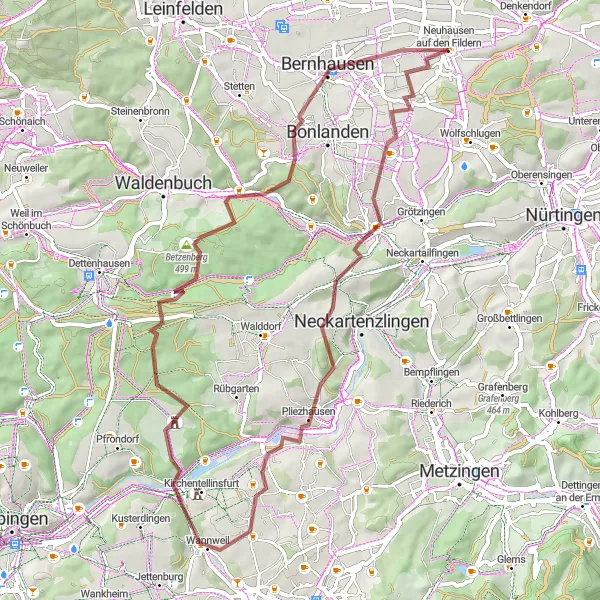 Karten-Miniaturansicht der Radinspiration "Gravel-Tour um Neuhausen und Umgebung" in Stuttgart, Germany. Erstellt vom Tarmacs.app-Routenplaner für Radtouren