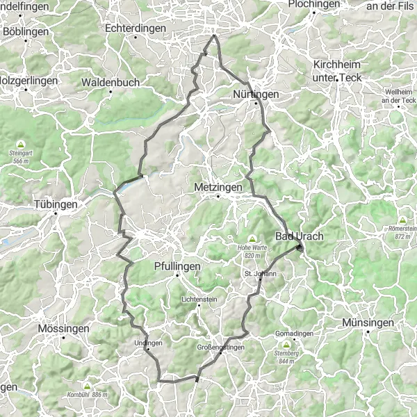 Karten-Miniaturansicht der Radinspiration "Erkundung von Uracher Wasserfall" in Stuttgart, Germany. Erstellt vom Tarmacs.app-Routenplaner für Radtouren