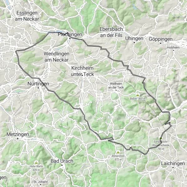 Karten-Miniaturansicht der Radinspiration "Rund um Lenningen" in Stuttgart, Germany. Erstellt vom Tarmacs.app-Routenplaner für Radtouren