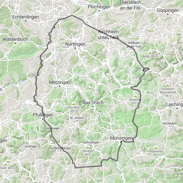 Karten-Miniaturansicht der Radinspiration "Würstlesberg und Ruine Reußenstein" in Stuttgart, Germany. Erstellt vom Tarmacs.app-Routenplaner für Radtouren