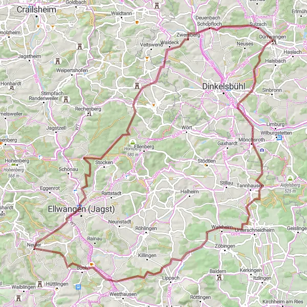 Karten-Miniaturansicht der Radinspiration "Gravel-Abenteuer Ellwangen" in Stuttgart, Germany. Erstellt vom Tarmacs.app-Routenplaner für Radtouren