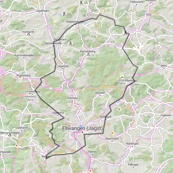 Karten-Miniaturansicht der Radinspiration "Jagsttaldurchquerung" in Stuttgart, Germany. Erstellt vom Tarmacs.app-Routenplaner für Radtouren