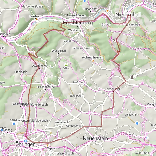 Karten-Miniaturansicht der Radinspiration "Gravel Schleife um Niedernhall" in Stuttgart, Germany. Erstellt vom Tarmacs.app-Routenplaner für Radtouren