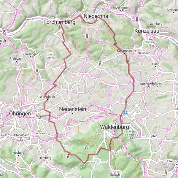 Karten-Miniaturansicht der Radinspiration "Wald- und Hügellandtour durch Niedernhall" in Stuttgart, Germany. Erstellt vom Tarmacs.app-Routenplaner für Radtouren