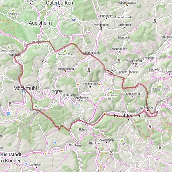 Karten-Miniaturansicht der Radinspiration "Gravel Erkundungstour von Niedernhall" in Stuttgart, Germany. Erstellt vom Tarmacs.app-Routenplaner für Radtouren