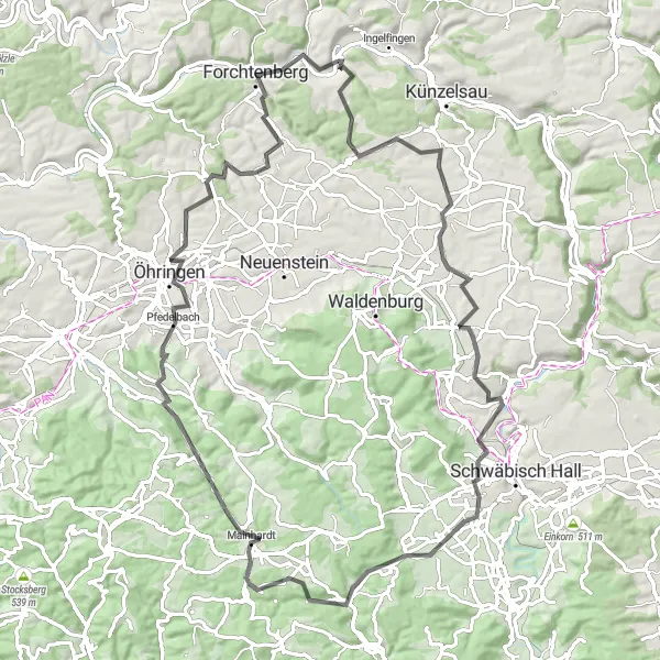 Map miniature of "Kupferzell Castle Loop" cycling inspiration in Stuttgart, Germany. Generated by Tarmacs.app cycling route planner