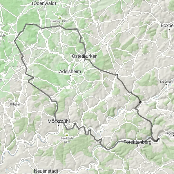 Map miniature of "Möckmühl Loop" cycling inspiration in Stuttgart, Germany. Generated by Tarmacs.app cycling route planner
