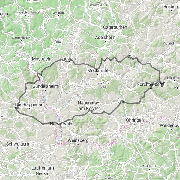 Map miniature of "Billigheim Challenge" cycling inspiration in Stuttgart, Germany. Generated by Tarmacs.app cycling route planner