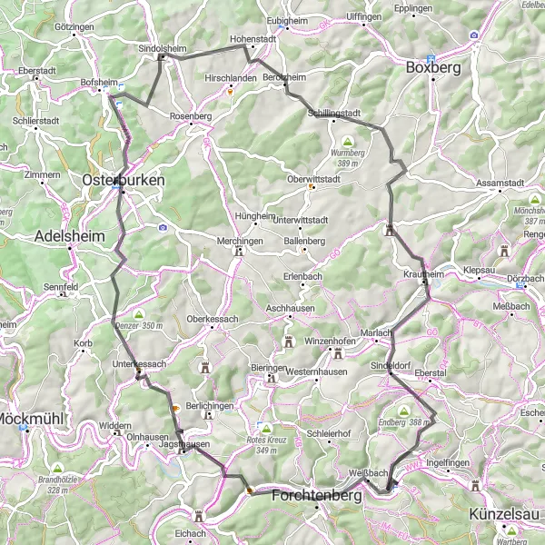 Map miniature of "The Jagst Valley Adventure" cycling inspiration in Stuttgart, Germany. Generated by Tarmacs.app cycling route planner