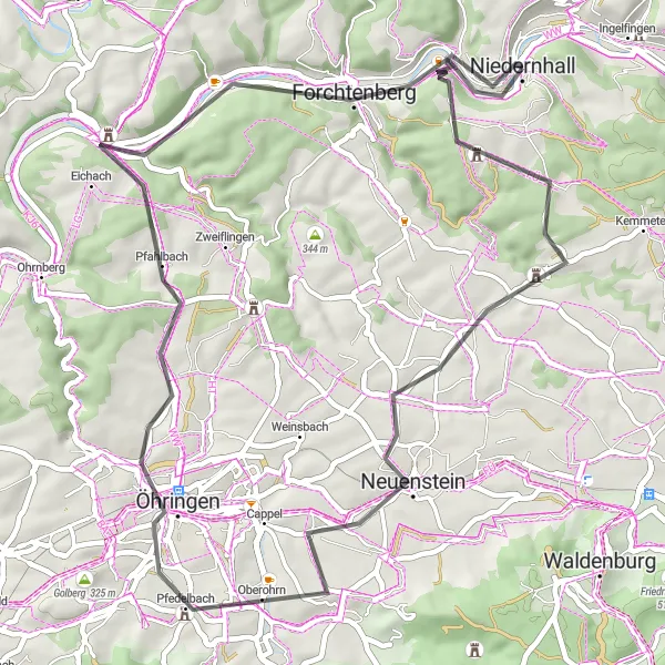 Karten-Miniaturansicht der Radinspiration "Kultur und Natur rund um Niedernhall" in Stuttgart, Germany. Erstellt vom Tarmacs.app-Routenplaner für Radtouren