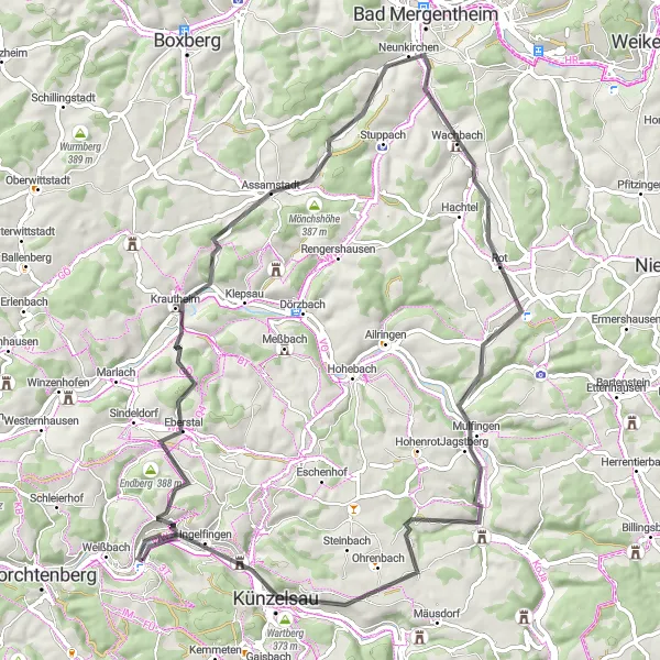 Map miniature of "The Hills of Hohenlohe" cycling inspiration in Stuttgart, Germany. Generated by Tarmacs.app cycling route planner
