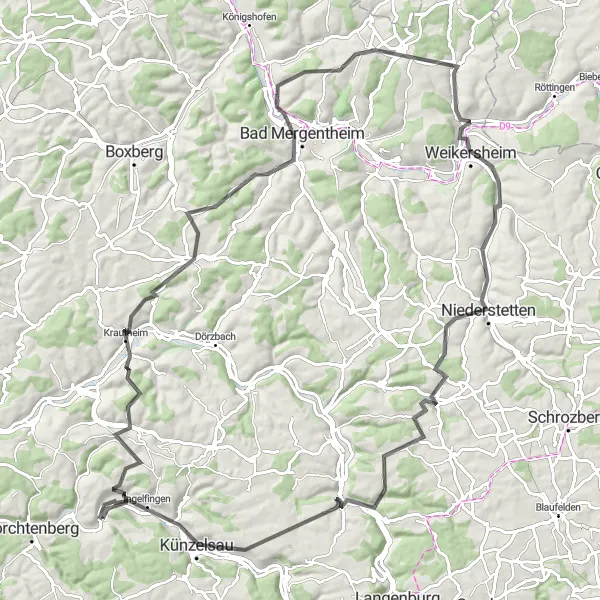 Map miniature of "The Hohenlohe Loop" cycling inspiration in Stuttgart, Germany. Generated by Tarmacs.app cycling route planner